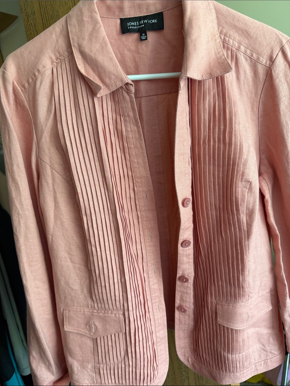 Jones New York Blush Pink Pleated Front Linen Jacket